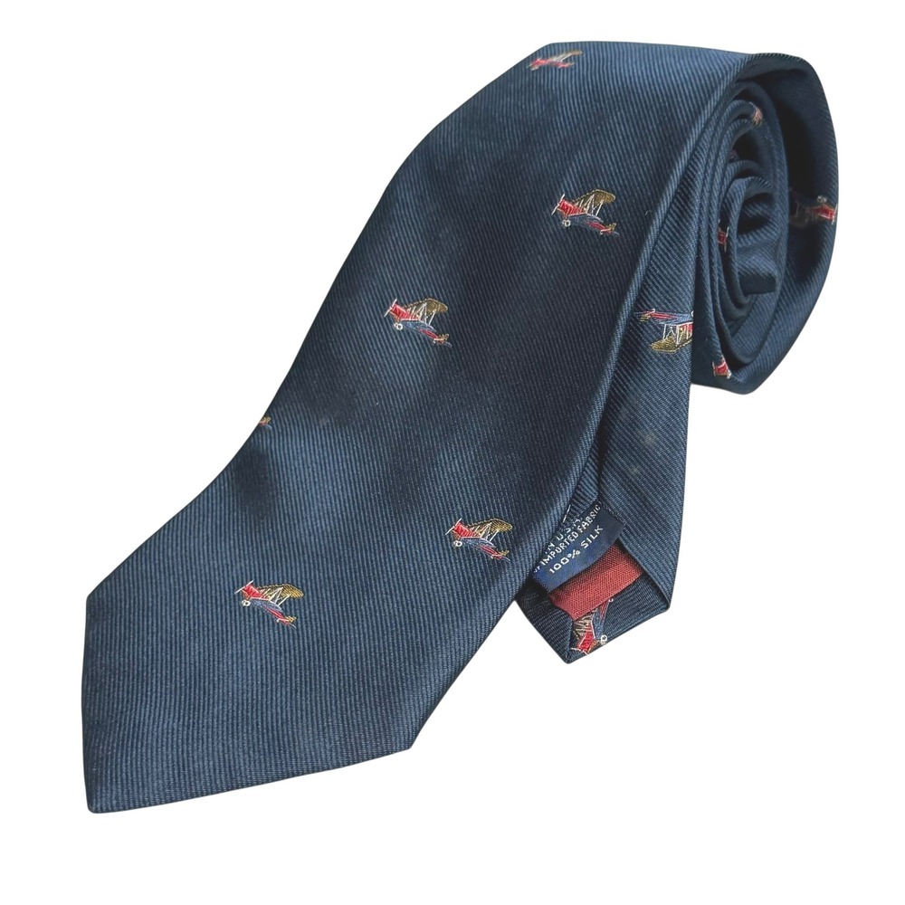 Vintage Lands End Biplane‎ Silk Tie Blue Embroidered Aviation Airplane Captain